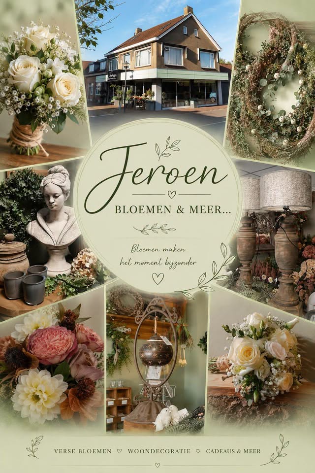Collage met pui, boeketten en de regel: verse bloemen, woondecoratie, cadeaus & meer.
